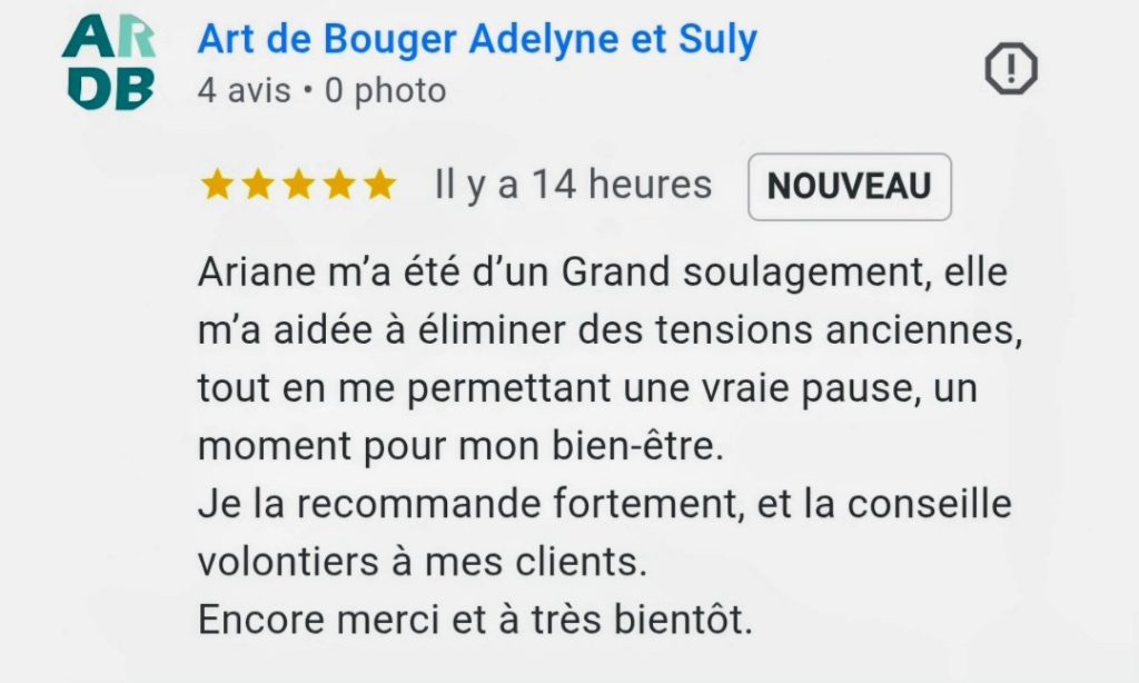 avis 5 étoiles laissé sur Google sur le compte d'Ariane Réflexologie Saint Sébastien sur Loire, Nantes sud