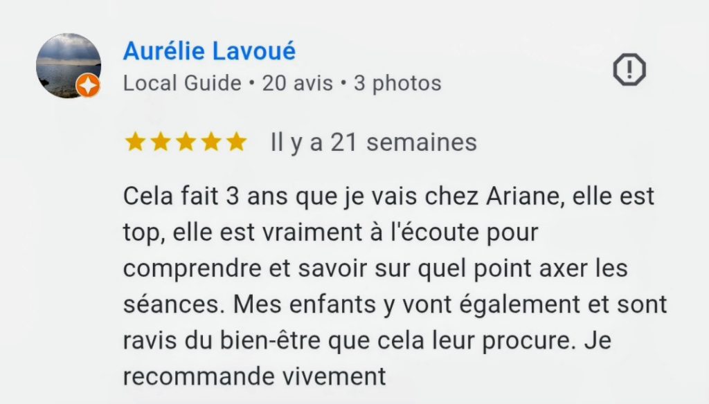 avis 5 étoiles laissé sur Google sur le compte d'Ariane Réflexologie Saint Sébastien sur Loire, Nantes sud