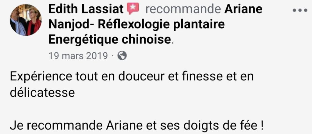 Recommandation sur la page Face book d'Ariane Réflexologie Saint Sébastien sur Loire, Nantes sud
