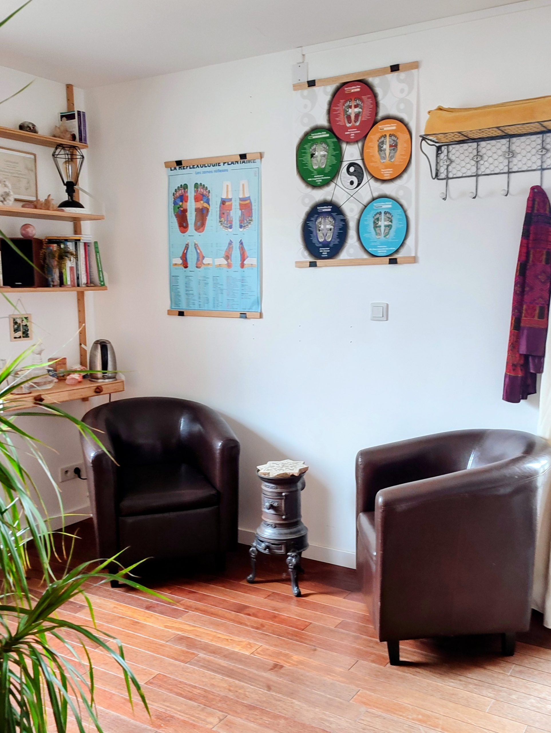 Photo du cabinet de réflexologie plantaire à Saint Sébastien sur Loire. Un espace d'échange convivial : deux fauteuils, une paterne et une étagère pour le thé et la bibliothèque