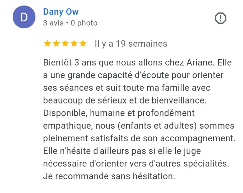 avis 5 étoiles laissé sur Google sur le compte d'Ariane Réflexologie Saint Sébastien sur Loire, Nantes sud