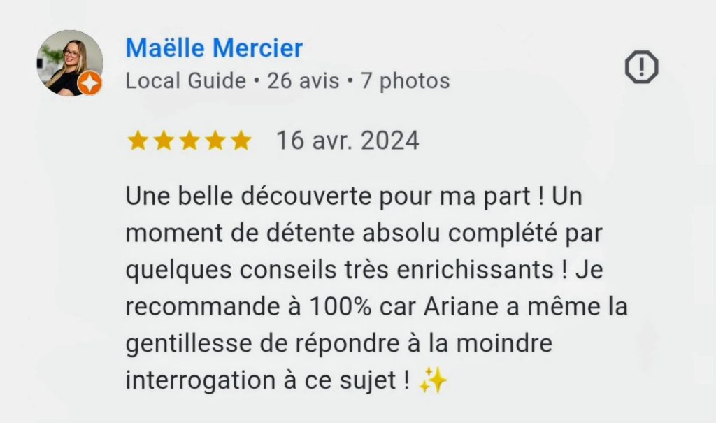 avis 5 étoiles laissé sur Google sur le compte d'Ariane Réflexologie Saint Sébastien sur Loire, Nantes sud