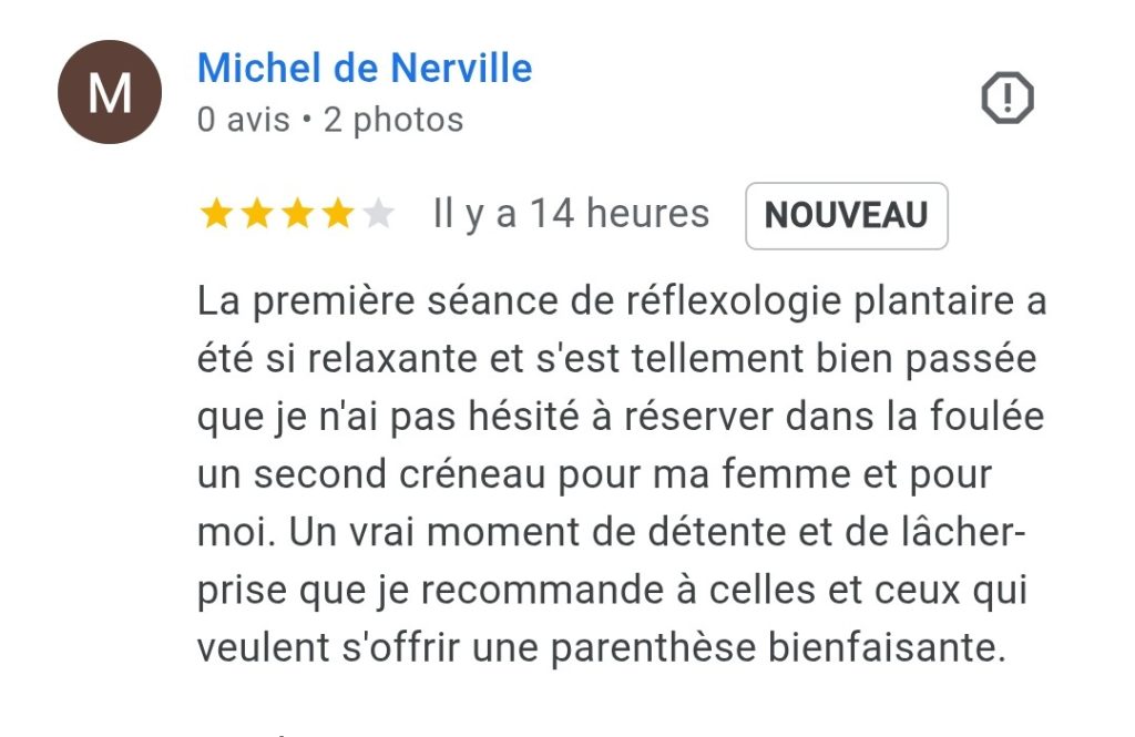 avis laissé sur Google sur le compte d'Ariane Réflexologie Saint Sébastien sur Loire, Nantes sud