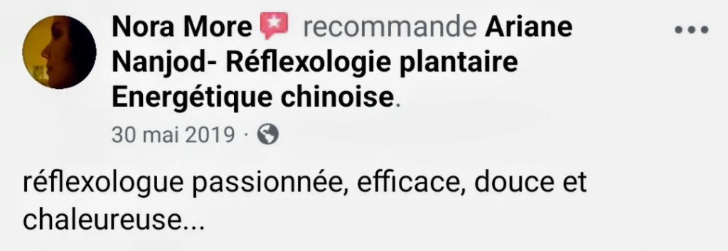 Recommandation sur la page Face book d'Ariane Réflexologie Saint Sébastien sur Loire, Nantes sud