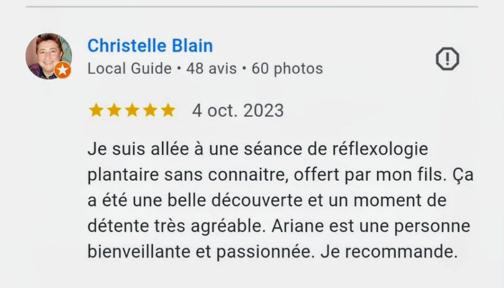 avis 5 étoiles laissé sur Google sur le compte d'Ariane Réflexologie Saint Sébastien sur Loire, Nantes sud