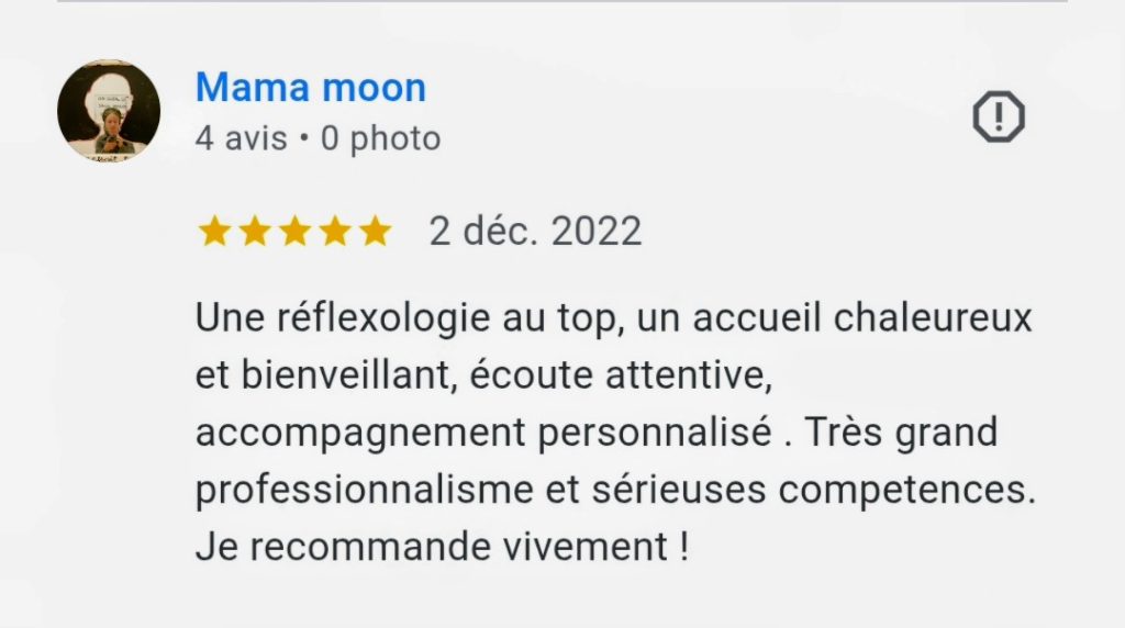 avis 5 étoiles laissé sur Google sur le compte d'Ariane Réflexologie Saint Sébastien sur Loire, Nantes sud
