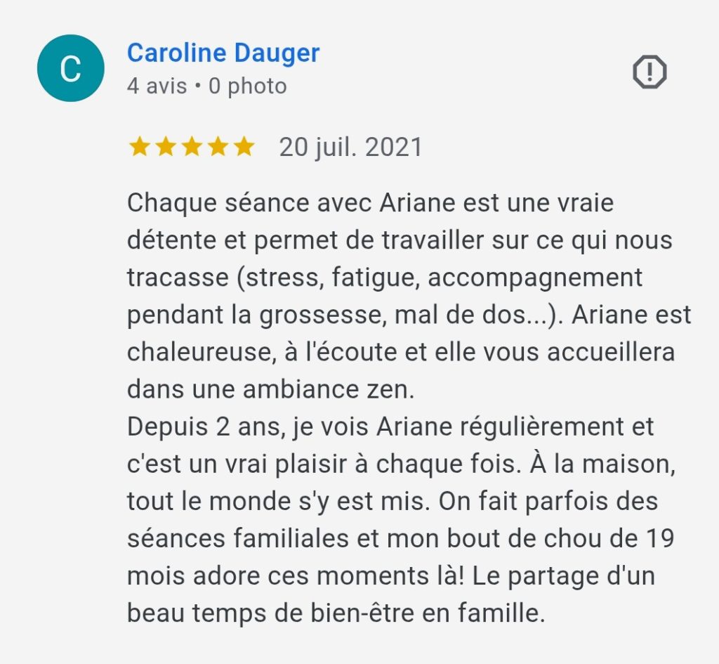 avis 5 étoiles laissé sur Google sur le compte d'Ariane Réflexologie Saint Sébastien sur Loire, Nantes sud