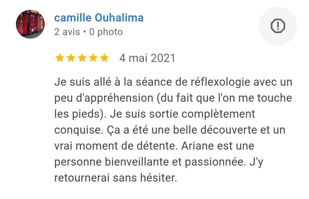 avis 5 étoiles laissé sur Google sur le compte d'Ariane Réflexologie Saint Sébastien sur Loire, Nantes sud