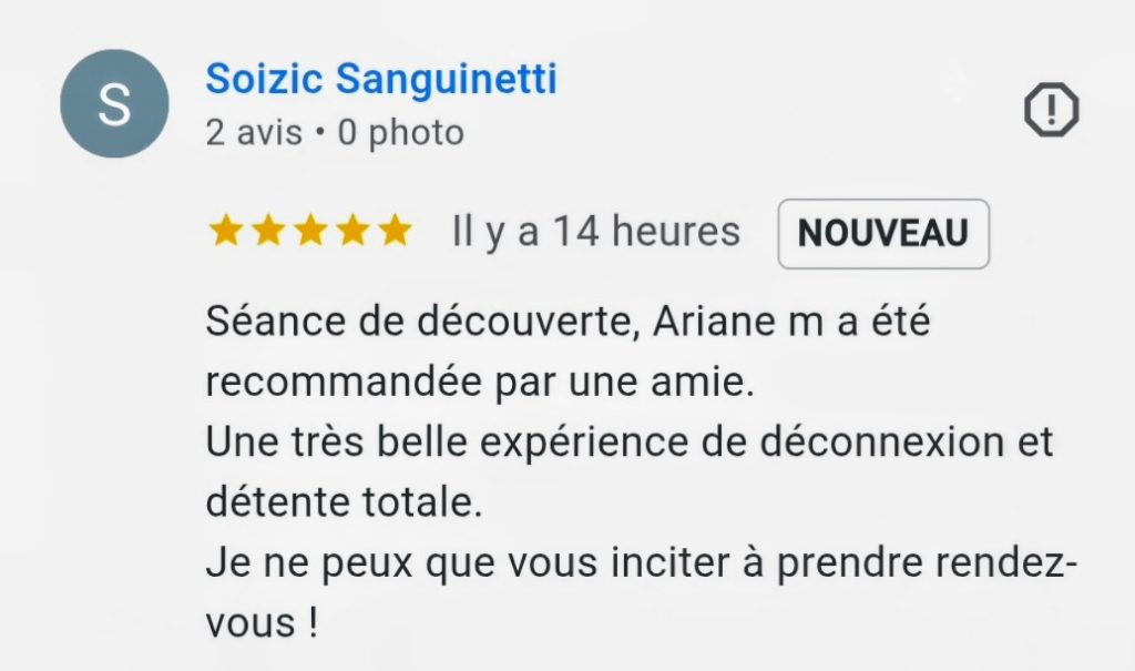 avis 5 étoiles laissé sur Google sur le compte d'Ariane Réflexologie Saint Sébastien sur Loire, Nantes sud