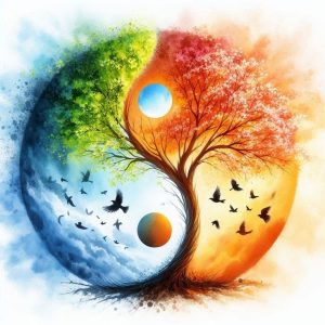 Illustration artistique du Yin et du Yang représentés par un arbre symbolisant l'équilibre des énergies et le cycle des saisons en énergétique chinoise.