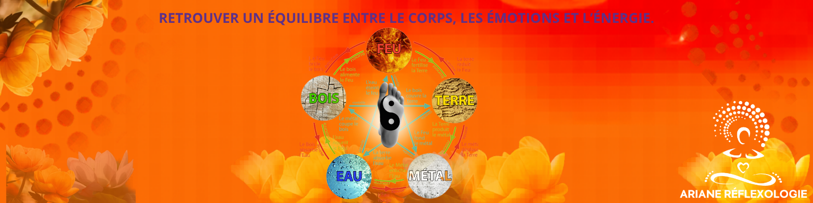 Schéma des 5 éléments de l’énergétique chinoise associé à la réflexologie plantaire avec représentation du yin et yang sur le pied