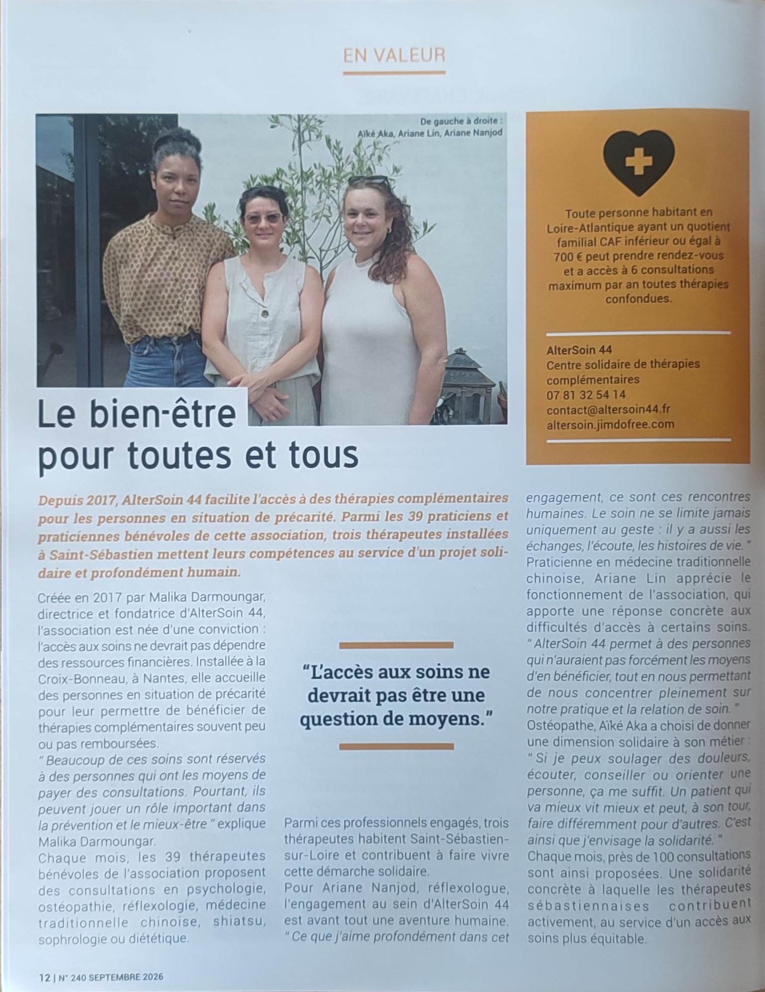 Article « Le bien-être pour toutes et tous » présentant trois thérapeutes de Saint-Sébastien-sur-Loire bénévoles à AlterSoin 44 – Saint Seb’ le Mag, septembre 2026